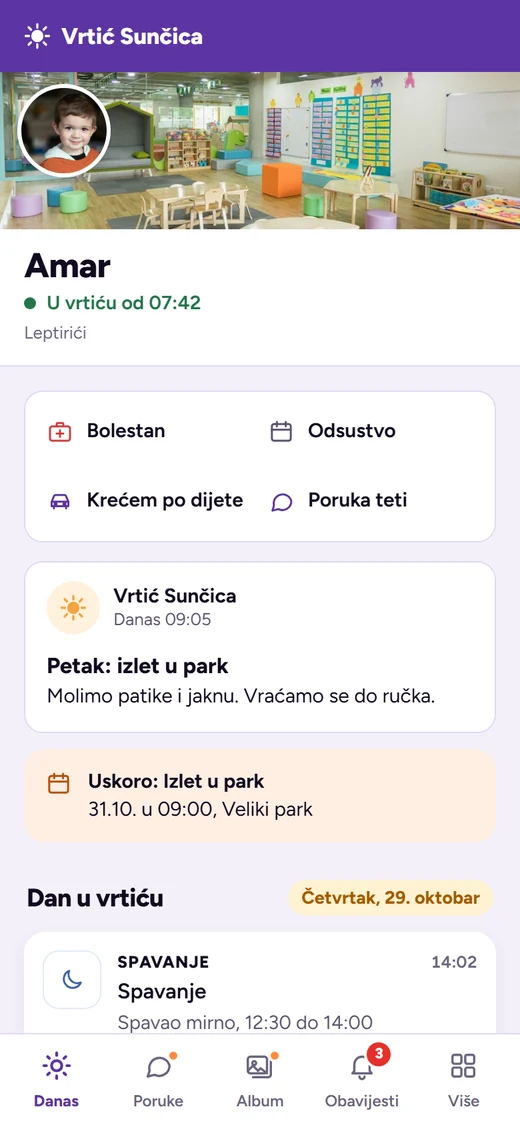 Ekran Danas u aplikaciji za roditelje: Dan u vrtiću s dolaskom, obrocima i spavanjem