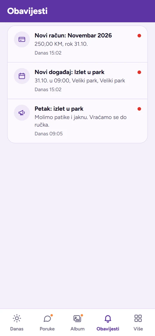 Ekran Obavijesti u aplikaciji: novi račun, novi događaj i obavijest o izletu u park